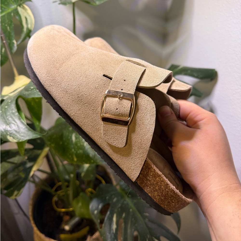 Tan Suede Buckle Clogs